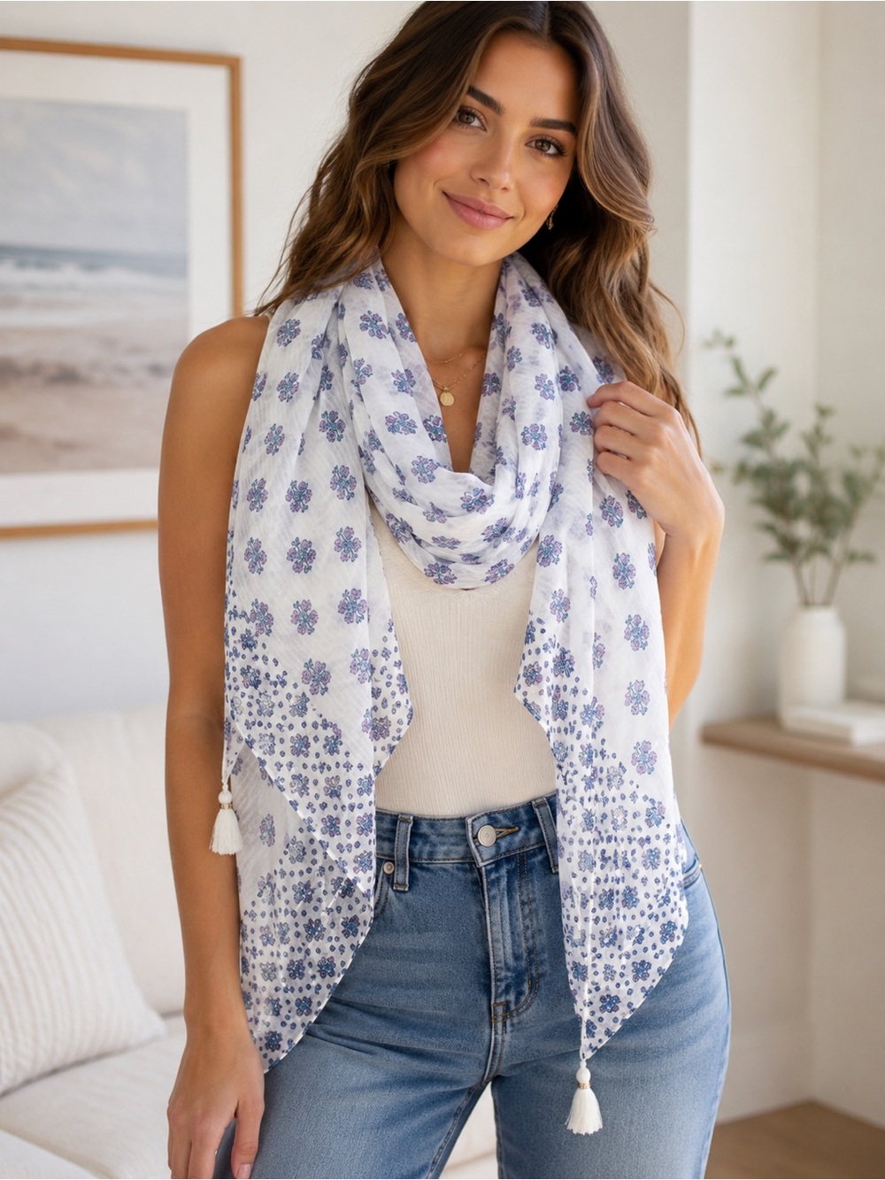 Sheer Floral Tassel Scarf Wrap – White, Blue & Lavender Boho Shawl
